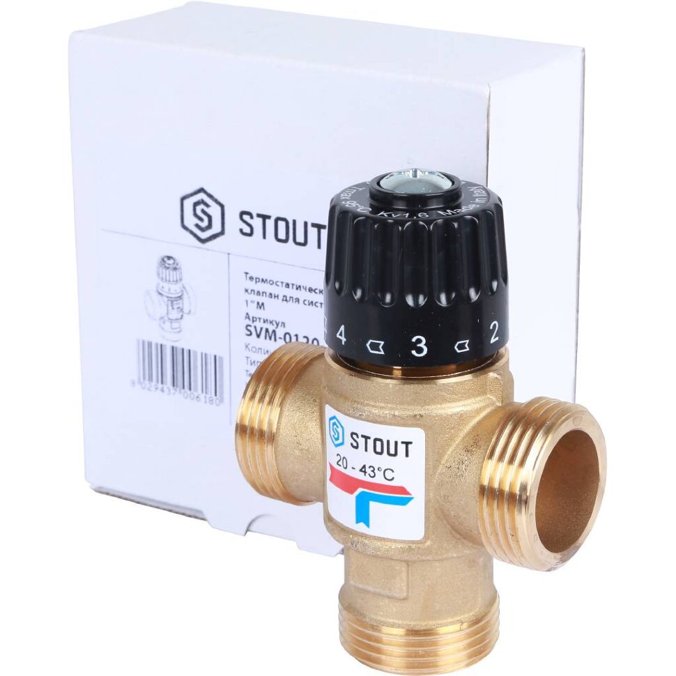 STOUT SVM-Термостатические SVM-0120-164325 STOUT Термостатический смесительный клапан для систем отопления и ГВС. G 1” M, 20-43°С KV 1,6 м3/ч
