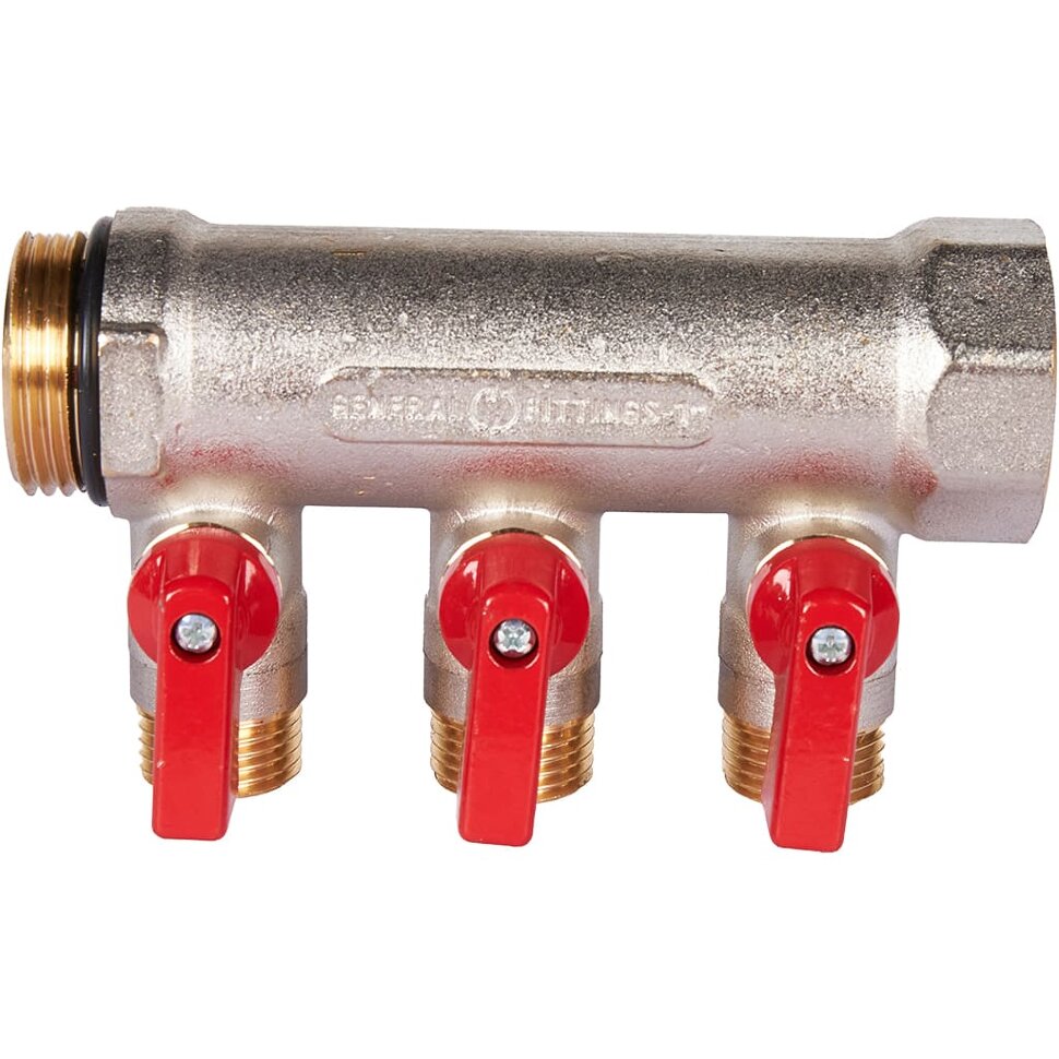 STOUT SMB 6210 011203 STOUT Коллектор с шаровыми кранами 1 , 3 отвода 1/2  (красные ручки)