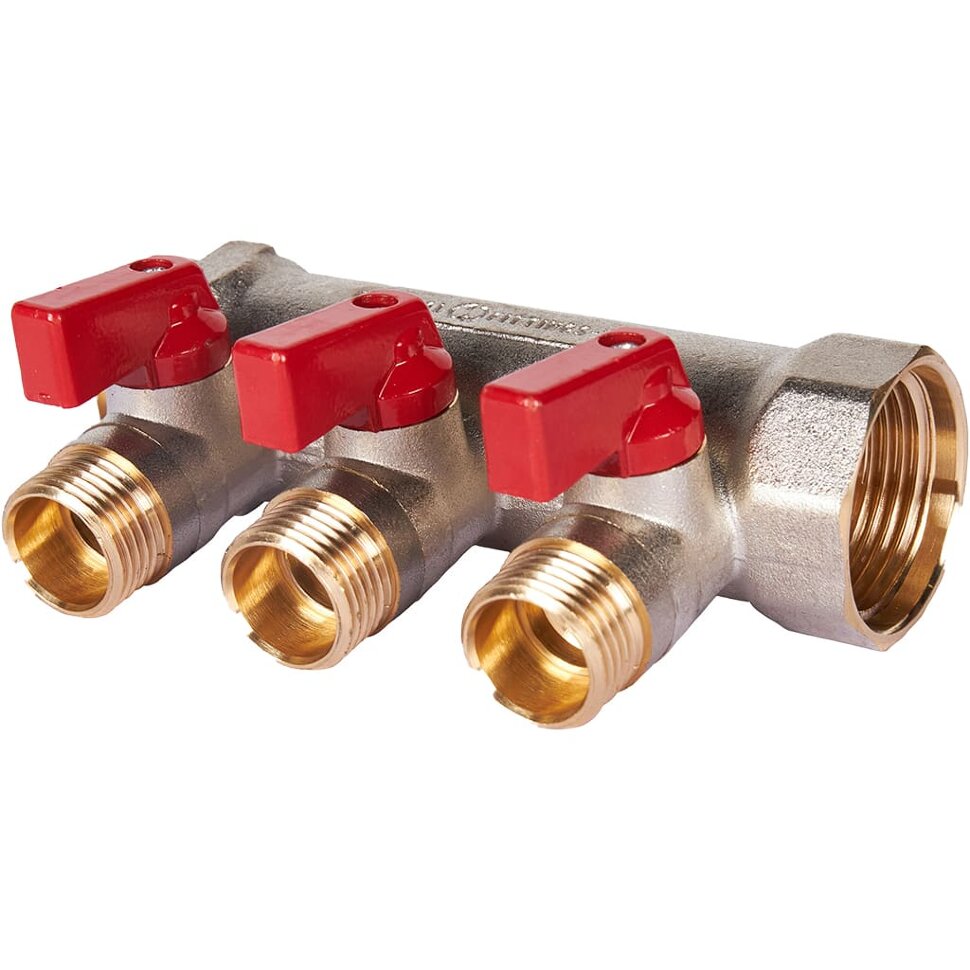 STOUT SMB 6210 011203 STOUT Коллектор с шаровыми кранами 1 , 3 отвода 1/2  (красные ручки)