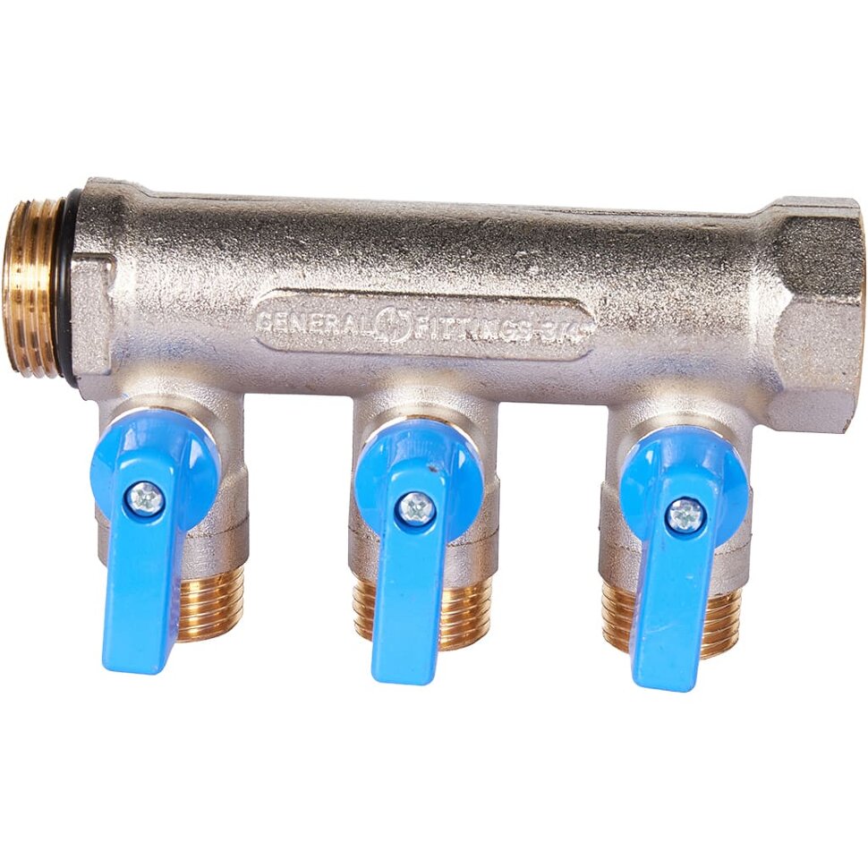 STOUT SMB 6211 341203 STOUT Коллектор с шаровыми кранами 3/4 , 3 отвода 1/2  (синие ручки)