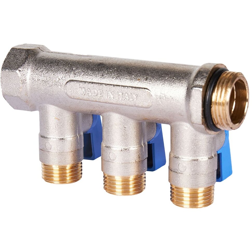 STOUT SMB 6211 341203 STOUT Коллектор с шаровыми кранами 3/4 , 3 отвода 1/2  (синие ручки)