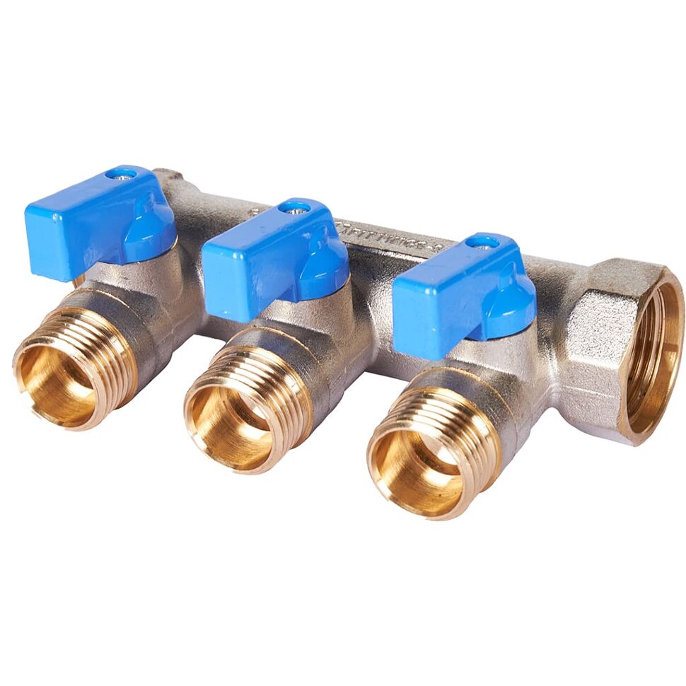 STOUT SMB 6211 341203 STOUT Коллектор с шаровыми кранами 3/4 , 3 отвода 1/2  (синие ручки)