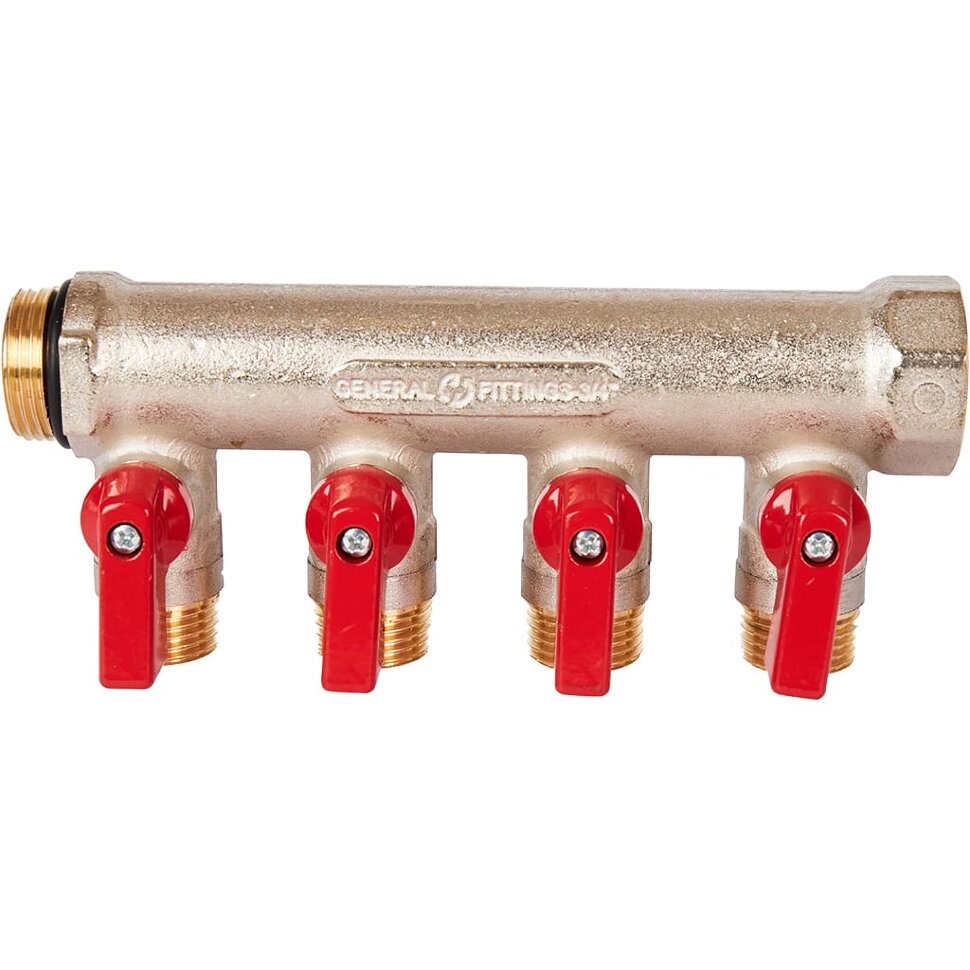 STOUT SMB 6210 341204 STOUT Коллектор с шаровыми кранами 3/4 , 4 отвода 1/2  (красные ручки)