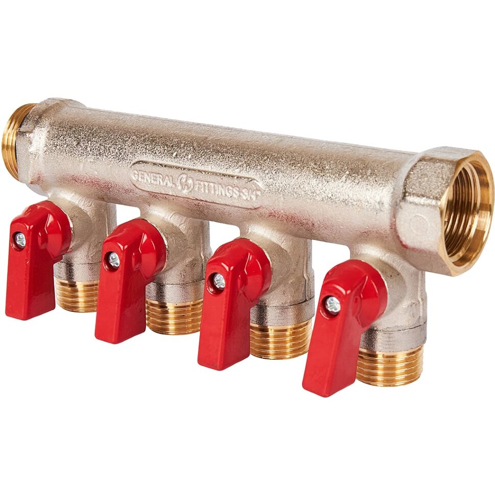 STOUT SMB 6210 341204 STOUT Коллектор с шаровыми кранами 3/4 , 4 отвода 1/2  (красные ручки)