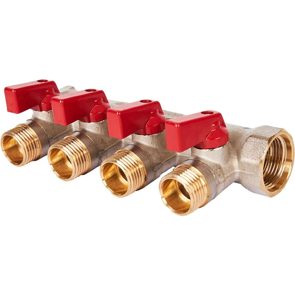 STOUT SMB 6210 341204 STOUT Коллектор с шаровыми кранами 3/4 , 4 отвода 1/2  (красные ручки)