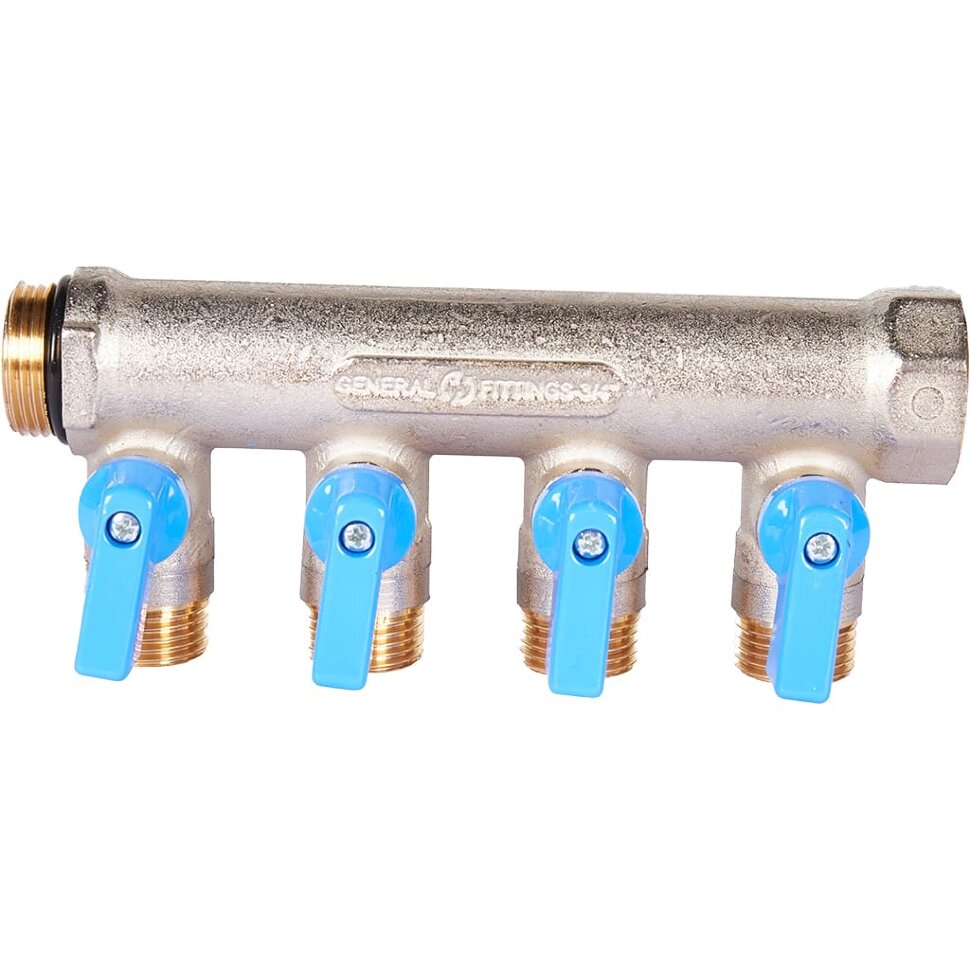 STOUT SMB 6211 341204 STOUT Коллектор с шаровыми кранами 3/4 , 4 отвода 1/2  (синие ручки)