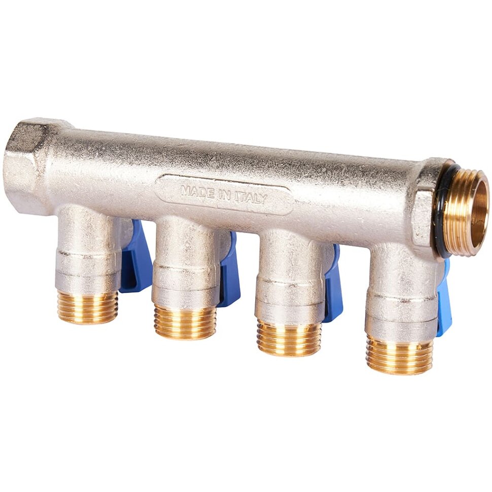 STOUT SMB 6211 341204 STOUT Коллектор с шаровыми кранами 3/4 , 4 отвода 1/2  (синие ручки)