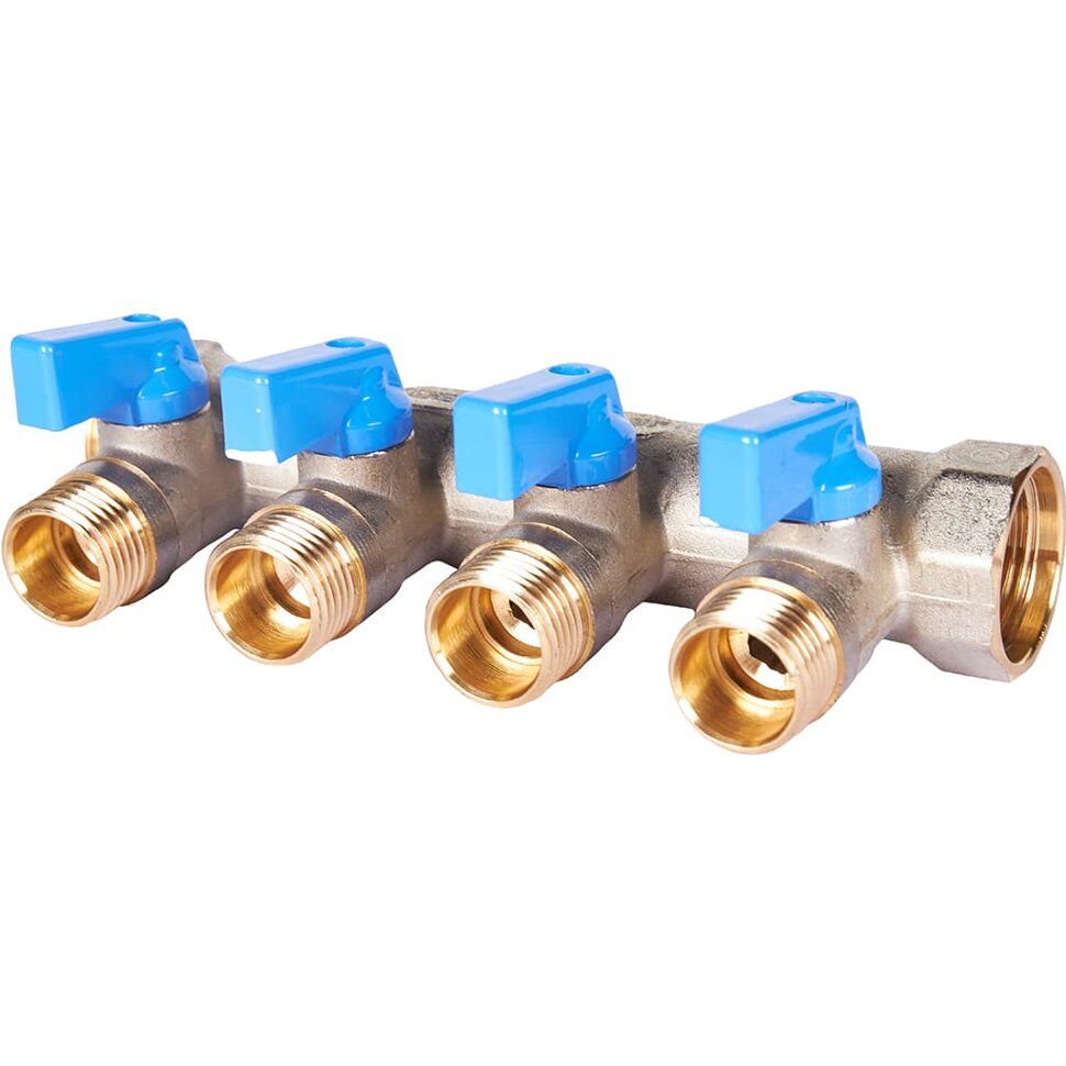 STOUT SMB 6211 341204 STOUT Коллектор с шаровыми кранами 3/4 , 4 отвода 1/2  (синие ручки)