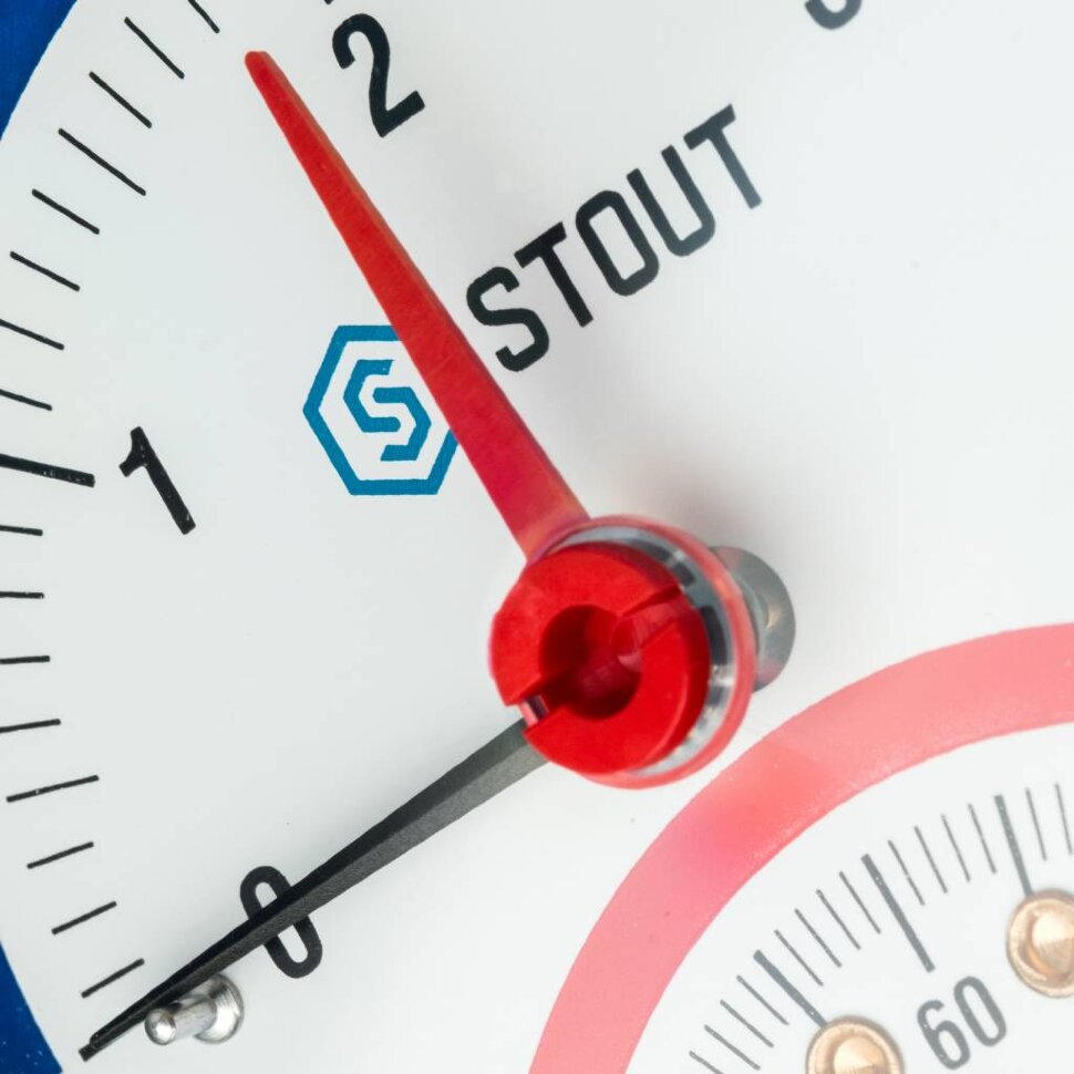 STOUT SIM-0006 Термоманометр радиальный в комплекте с автоматическим запорным клапаном. Корпус Dn 80 мм 1/2", 0...120°C, 0-4 бар.