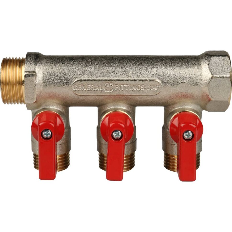 STOUT  Коллектор с шаровыми кранами 3/4", 3 отвода 1/2" (красные ручки)