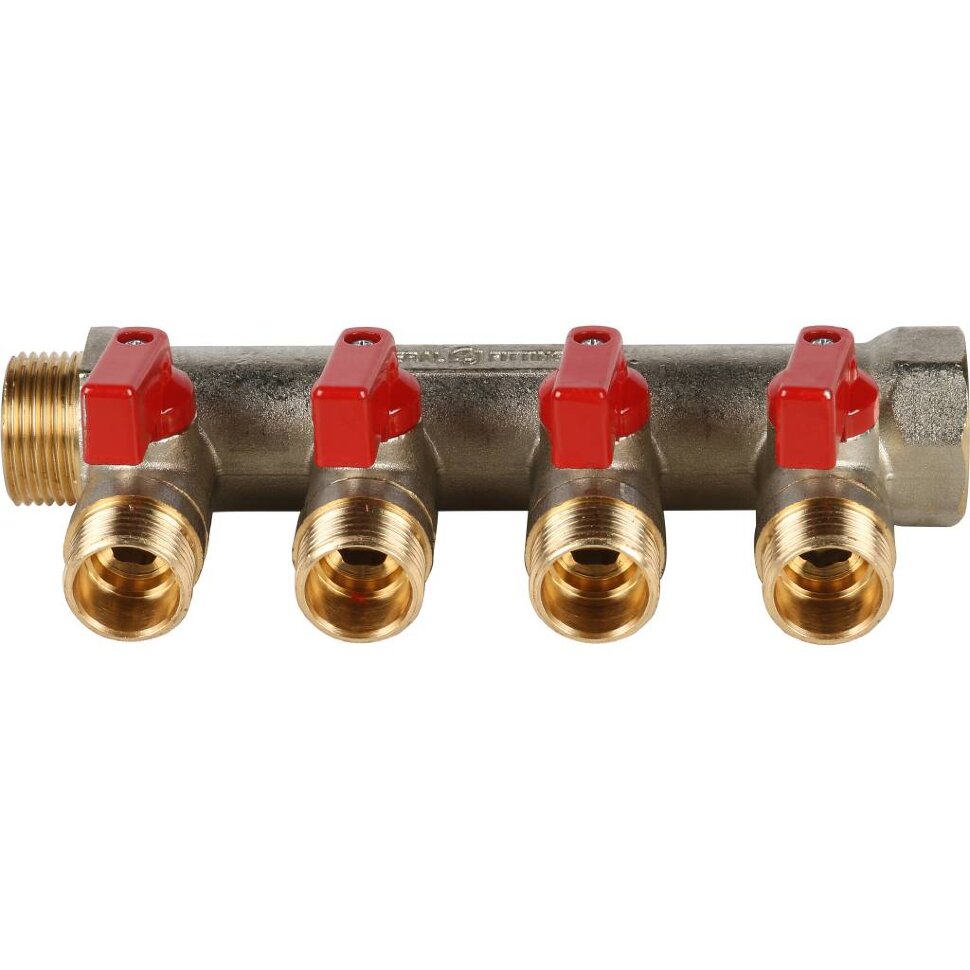 STOUT  Коллектор с шаровыми кранами 3/4", 4 отвода 1/2" (красные ручки)
