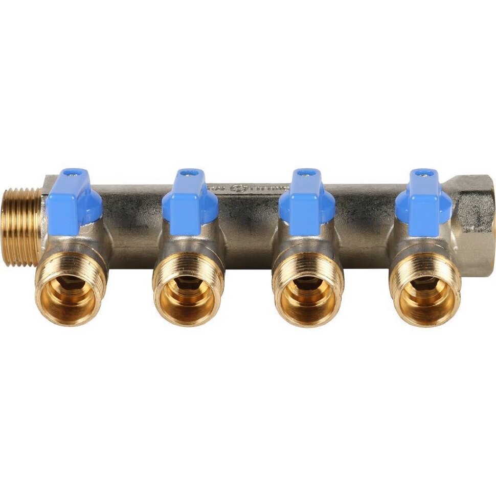 STOUT  Коллектор с шаровыми кранами 3/4", 4 отвода 1/2" (синие ручки)