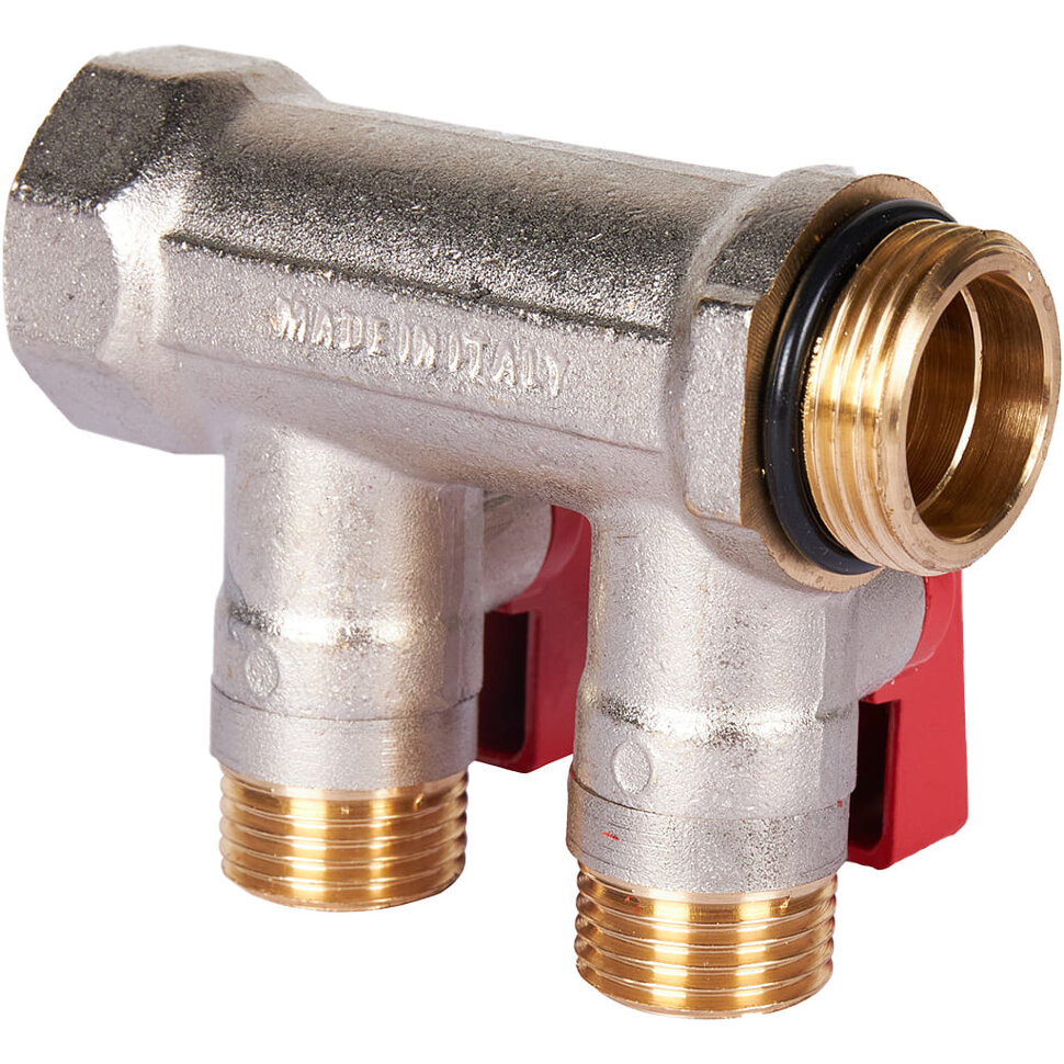 STOUT SMB 6210 341202 STOUT Коллектор с шаровыми кранами 3/4 , 2 отвода 1/2  (красные ручки)
