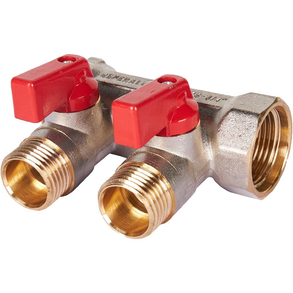 STOUT SMB 6210 341202 STOUT Коллектор с шаровыми кранами 3/4 , 2 отвода 1/2  (красные ручки)