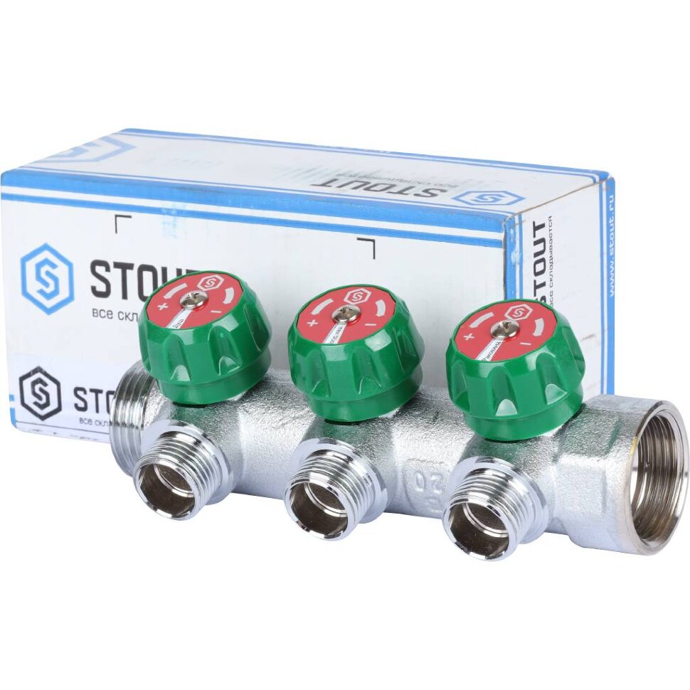 STOUT  SMB-6849-011203 STOUT Коллектор регулирующий 1", 3 отвода 1/2" плоское уплотнение