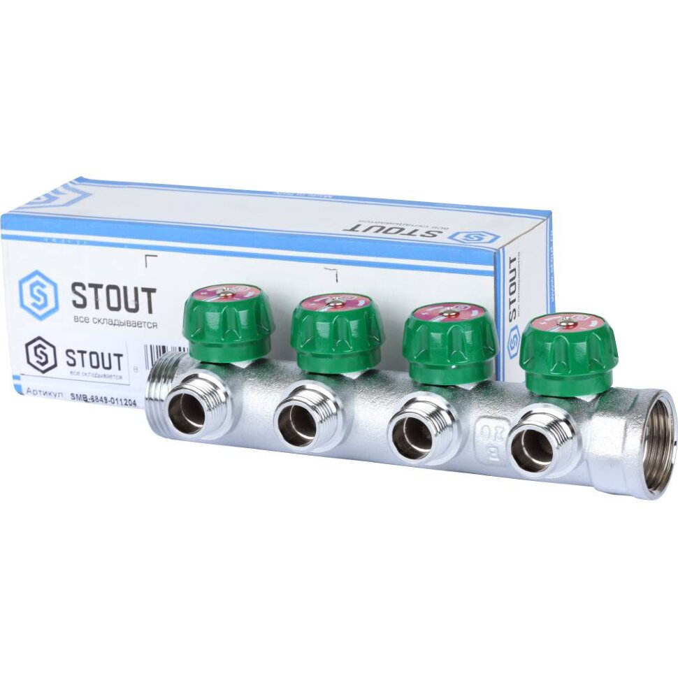 STOUT  SMB-6849-011204 STOUT Коллектор регулирующий 1", 4 отвода 1/2" плоское уплотнение