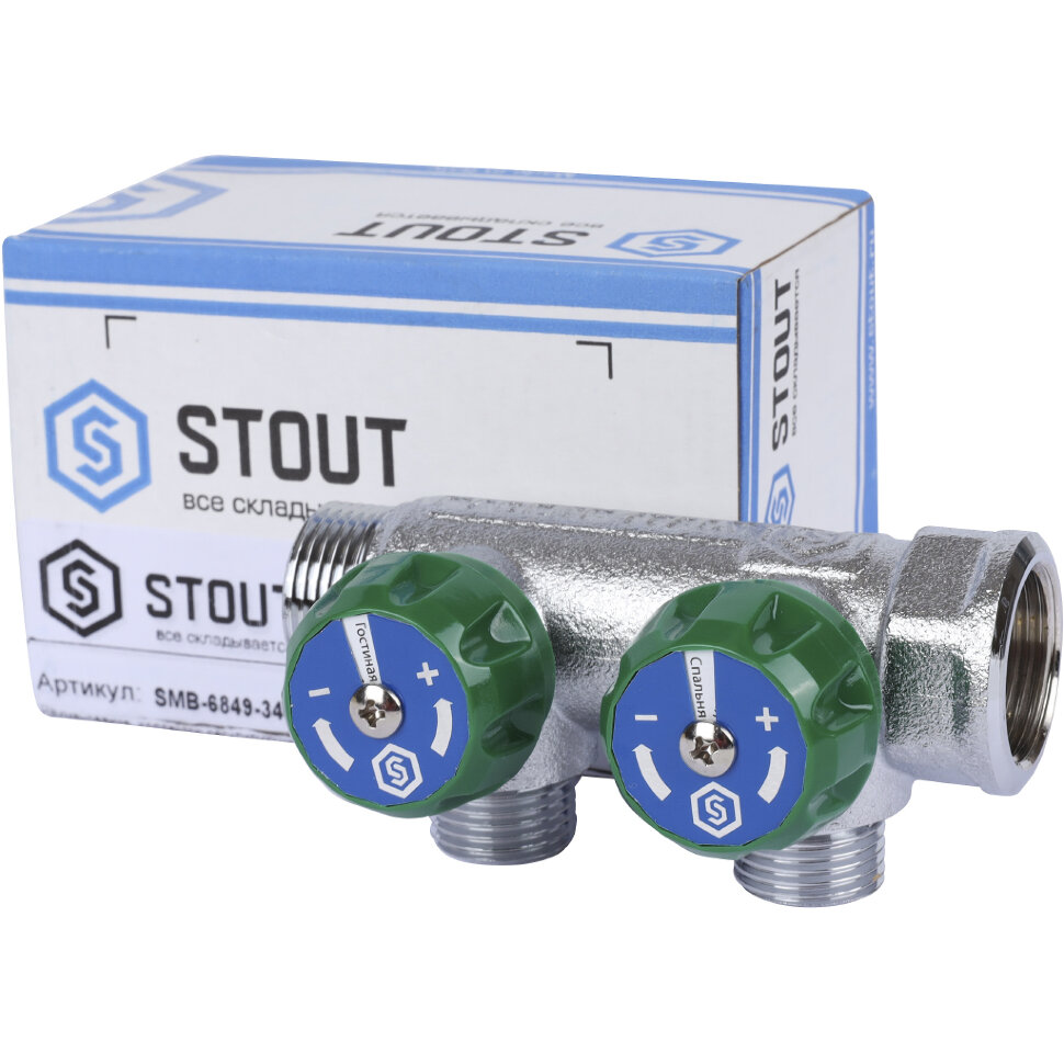 STOUT  SMB-6849-341202 STOUT Коллектор регулирующий 3/4", 2 отвода 1/2" плоское уплотнение